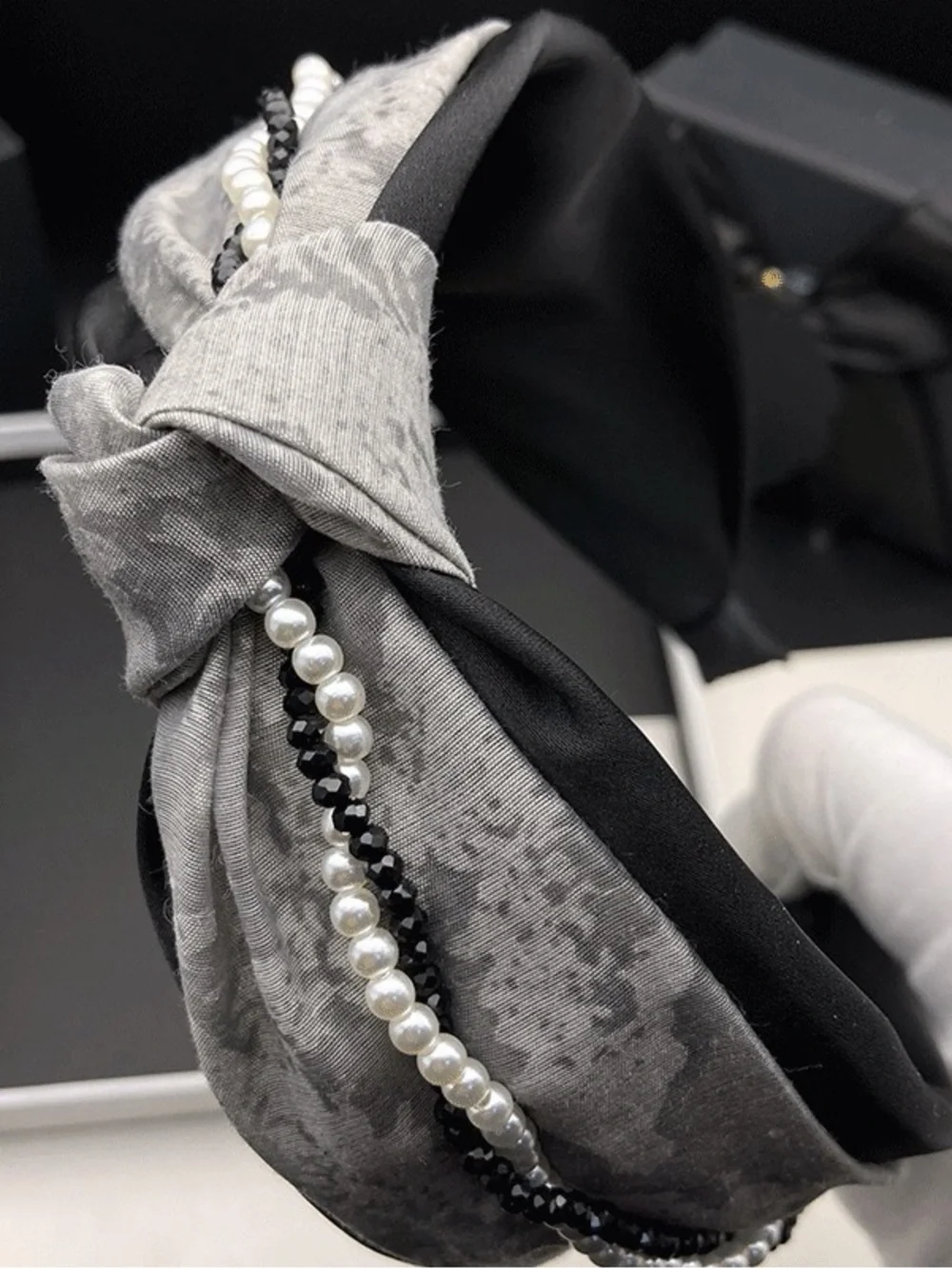 Pearl-Trim Knotted Headband in Black and Gray